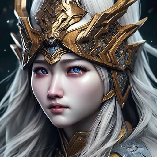 Prompt: Goddess of war hyper realistic face features white hair hyper detailed


