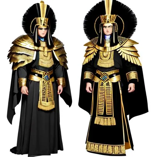 Prompt: Black and gold Aztec/Egyptian style robes, with large black feathers as shoulderplates, with a black and gold turban covered with black feathers, on an armor stand.