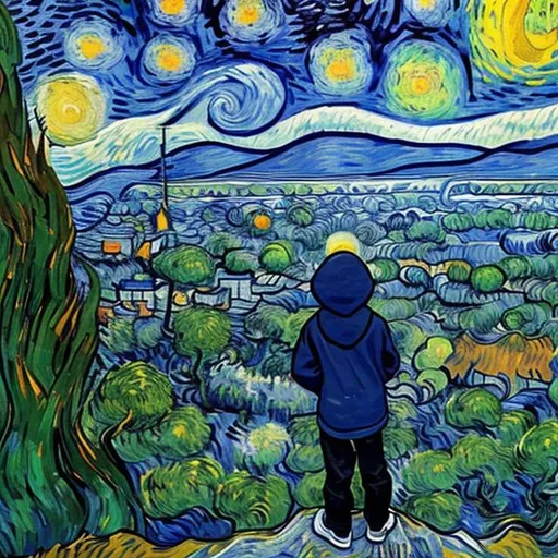 Prompt: Van Gogh style painting of a from behind view of a child in a hoodie looking up at a massive city