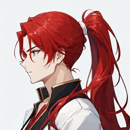 Prompt: Zerif 1male (Red side-swept hair covering his right eye) pulling his hair back into a ponytail, side profile