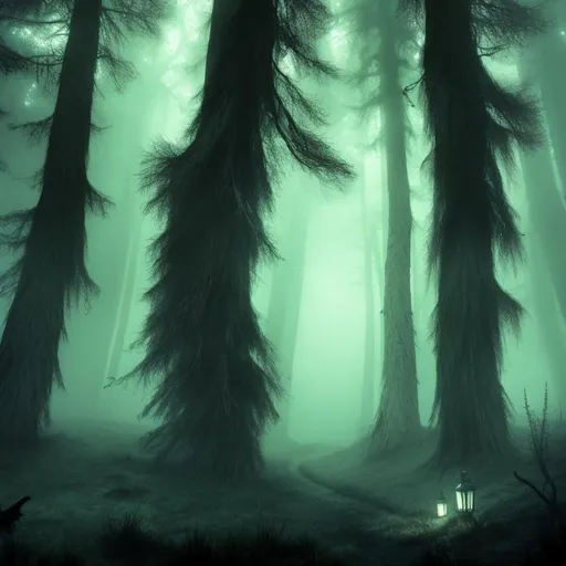 Prompt: Dark, fog, gloom, eerie, wet, pine trees, shadows, night, fog rolling in, lonely forest close by, trees, wisp, gloom, very dark, lightning,  willow, will'o'wisp, lantern, fantasy, illustration, 