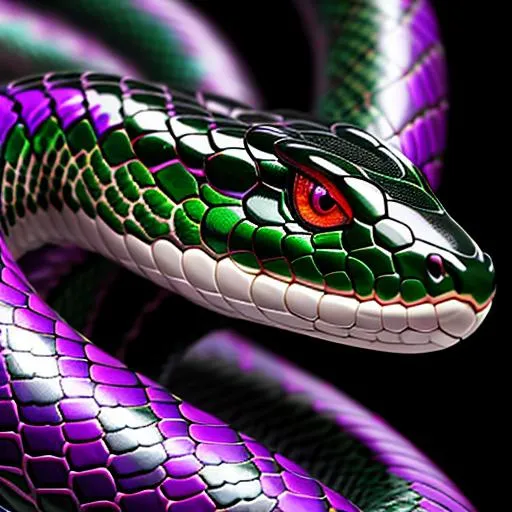 Prompt: a face shot of a twelve-foot snake with black and green markings and red eyes purple aura and a dragon-like face, very glossy and shiny, reflective, perfect composition, hyperrealistic, super detailed, 8k, high quality, trending art, trending on artstation, sharp focus, studio photo, intricate details, highly detailed, Trending on Artstation, Cozy wallpaper, Pastel colors, soft lighting