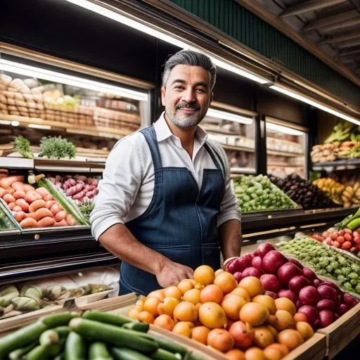 Prompt: Store owner of a greengrocer who is busy with his shop, modern style and decoration, photorealistic, cinematic, urban, Netherlands