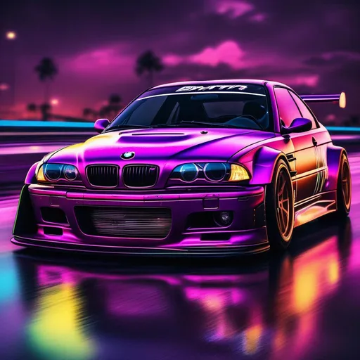 Prompt: 2001 BMW M3 E46 GTR, synthwave, aesthetic cyberpunk, miami, highway, dusk, neon lights, coastal highway, dusk, neon lights, coastal highway, sunset, drift, nurburgring, water on the road, blade runner, 8k, watercolor, macro sharp focus