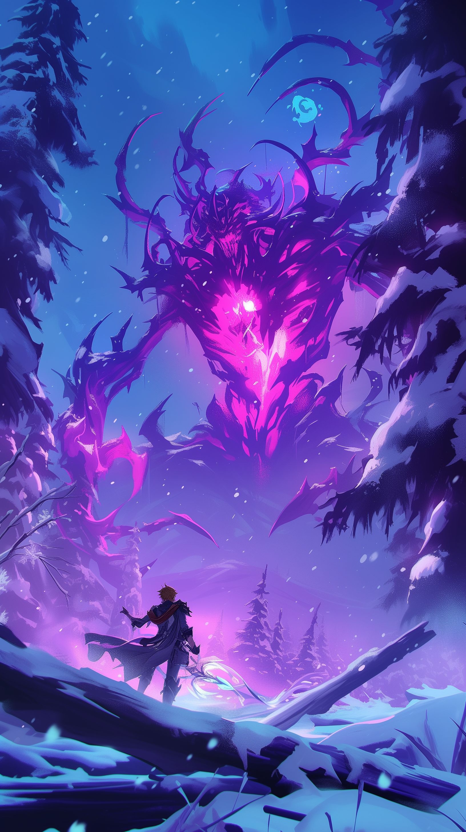 Prompt: Tartaglia from genshin impact in a deep dark forest full of fur and pine trees that darken the land except for the glowing purple roots of a demonic tree, he's poised with his water harpoon leaping through the air in a dramatic action shot toward the core of a huge glowing purple tree, blizzard, snow everywhere, nighttime, pitch black, the only light is from a single lantern and the glowing tree --ar 9:16 --niji 6