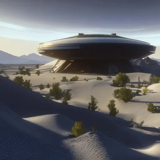 Prompt: A glass and steel arcology on a lush desert world, in the style of Star Trek. {Star Trek: The Next Generation}