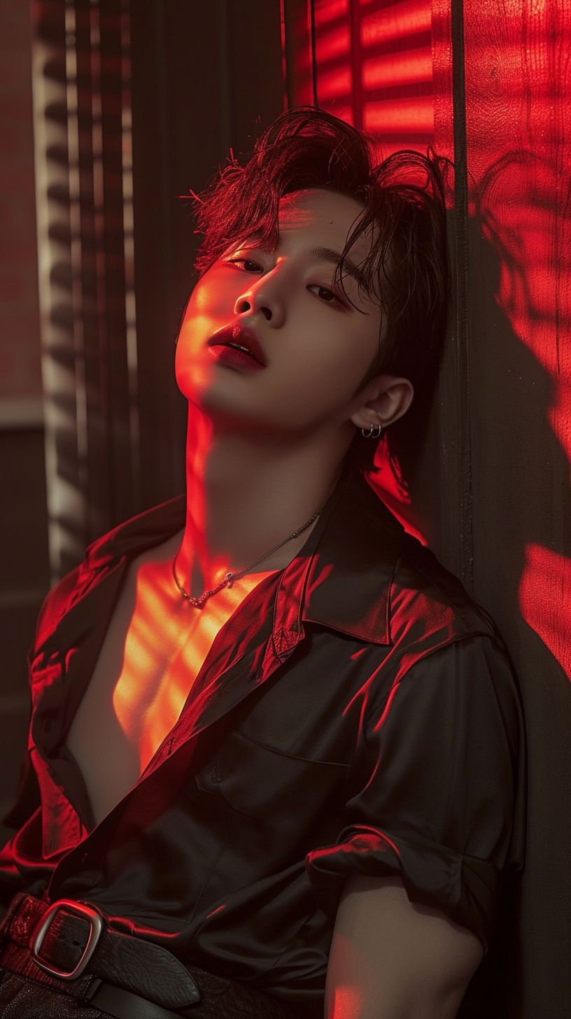 Prompt: a man with a form fitting belted shirt leaning against the wall, his mouth half parted open, his pupils looking up through half closed eyes, attractive, warm red blush on his face, thick pink lips, asian, thick black eyeliner, k-pop star, --ar 9:16 --v 6.0