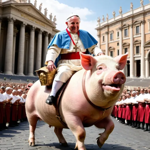 Prompt: Realistic picture. Pape riding on a pig. Background Vatican .