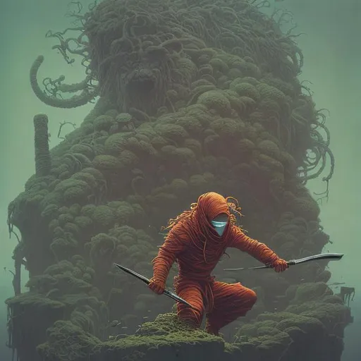 Prompt: Ninja like Marvel commic book hero with two catanas and dredlocks a bit in style of zdzislaw beksinski