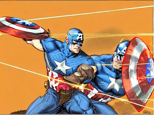 Prompt: Captain America feinting throwing his shield. But he is actually blocking using his shield. bullets are flying by him.