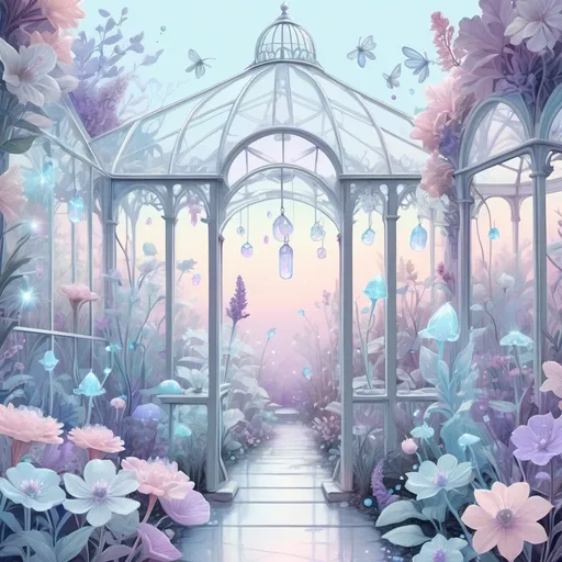 Prompt: White fairytale fantasy crystal greenhouse, bioluminescent pastel flowers, fireflies, pastels color pallet, soft color, white, soft pink, baby blue, lavender, illustration, intricately detailed, hyperdetailed