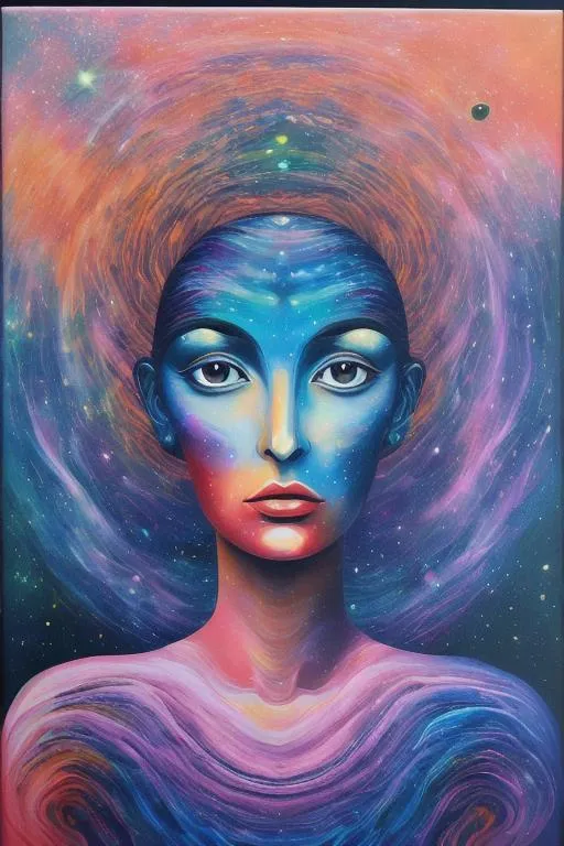 Prompt: Surreal portrait of beautiful female, cosmic landscape background, acrylic on canvas in style of post modernism 