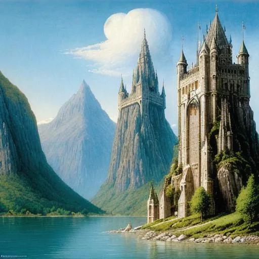 three wizard towers on an island in a lake, between... | OpenArt