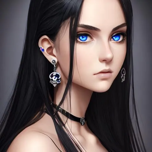 Prompt: An insanely beautiful girl around 16 years old. wearing black skull earrings. holding a sharp dagger in one hand. perfect anatomy, symmetrically perfect face. beautiful deep blue eyes. beautiful long black wavy hair. hyper realistic. no extra limbs or hands or fingers or legs or arms.