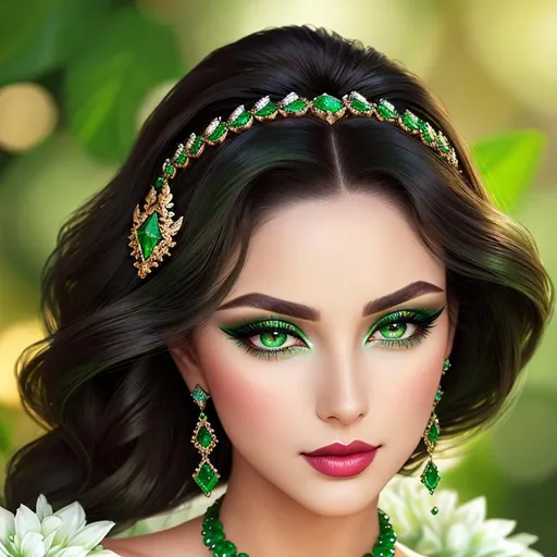 Prompt: an emerald lady, feminine elegant princess ,  dark hair, large green eyes, wearing jewels in her hair,  beautiful makeup, green eyeshadow eyeshow natural color lipsticklipstick, facial closeup