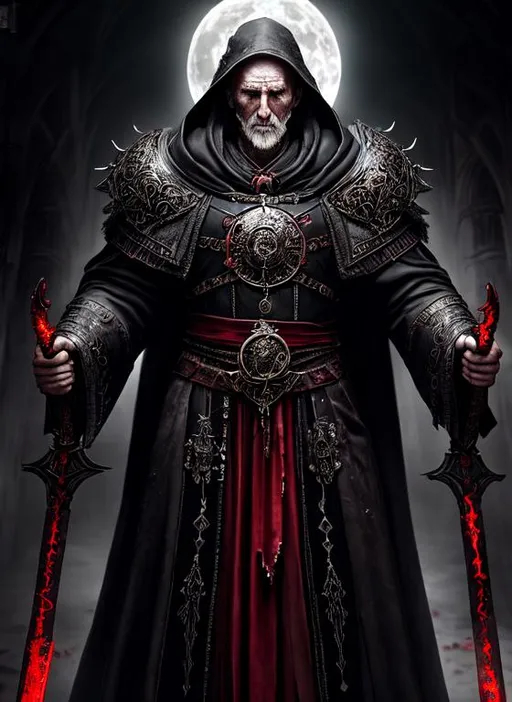 Prompt: decrepit old male necromancer, staff, dark leather robes, blood fountains, intricate, full body shot, highly detailed, lunar eclipse, visible symmetrical face, UHD, single light source, perfect composition, photo real, realistic, super detailed, 8k, high quality, sharp focus, intricate details, highly detailed, masterpiece