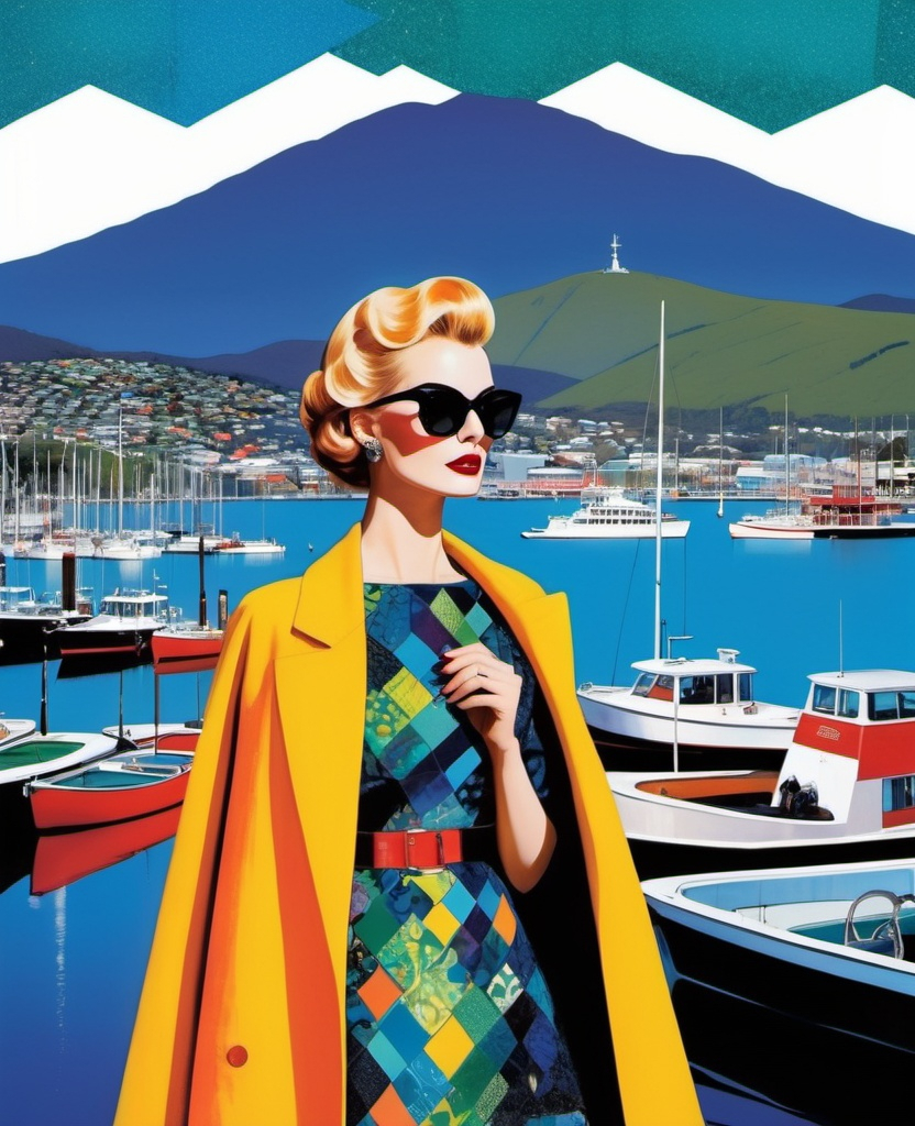 Image AI: Open Art: illustration by Richard Burlet, Eleanor Vere Boyle, Olga suvorova, Butcher Billy and Miles Aldridge, fashion photography, Hobart harbour the beautiful lady and the stray cats, with view of Mount wellington, in the style of gait folk art-inspired illustrations, bold patterned quilts, bloomcore, mixes painting and ceramics, precise, detailed architecture paintings, cute and dreamy, maximalism , attention to details, shimmering beauty. Extremely detailed, intricate, beautiful, fantastic view, elegant, crispy quality.