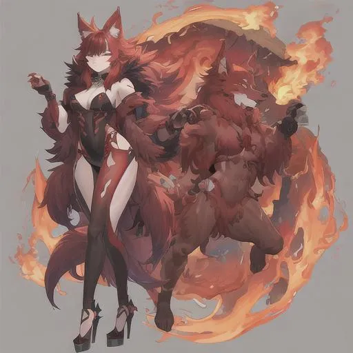 Prompt: gorgeous, beastkin wolf, female, full body, red hair, small body, fire, fur