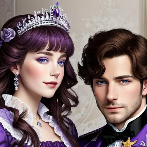 Prompt: European prince and princess wearing purple, facial closeup