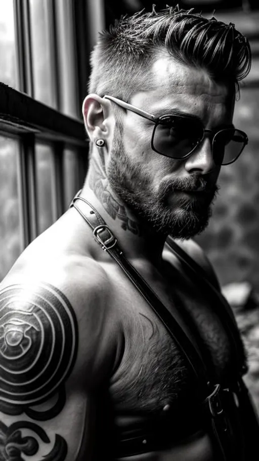 Prompt: Sensual, tattooed, shirtless, rustic  man from a random country, wearing sunglasses and an strapped leather harness, in an abandoned place near a window, cinematic, close-up portrait, grayscale, hyperrealistic, hyperdetailed, ambient light, perfect composition, provocative, textured skin, high contrast, profile portrait, ultra HD.