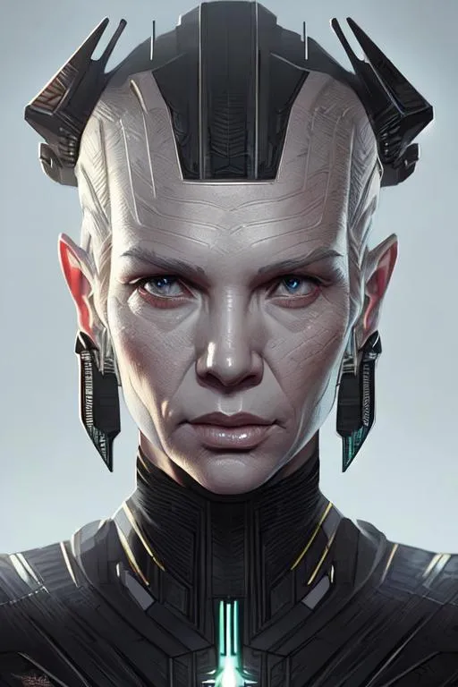 Prompt: Portrait Borg from [Star Trek} {Next Generation}diffuse lighting, sci-fi, intricate, elegant, highly detailed,photorealistic, digital painting, artstation, illustration, concept art, smooth, sharp focus, art by Krenz Cushart and Artem Demura and Jim Burns