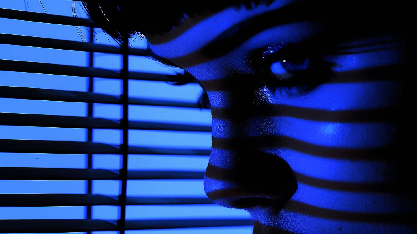 Prompt: Her silhouette against a backdrop of intersecting black bars, in a mix of airbrush and digital art, bronze and navy blue, neon grids of holographic glass, echoing Taras Loboda, elegant beauty, geometric grid