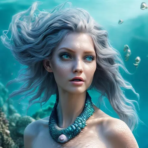 Prompt: HD 4k 3D professional modeling photo hyper realistic beautiful enchanting sea witch woman grey hair fair skin blue eyes gorgeous face black mermaid tail and shell necklace magical underwater landscape hd background ethereal mystical mysterious beauty full body