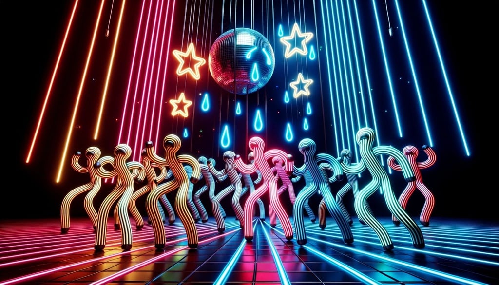 Prompt: A dynamic dance floor scene where striped tube stickmen move with enthusiasm, lit by the glow of neon. Above, neon disco stars weep, their tears adding a shimmering brilliance to the setting.