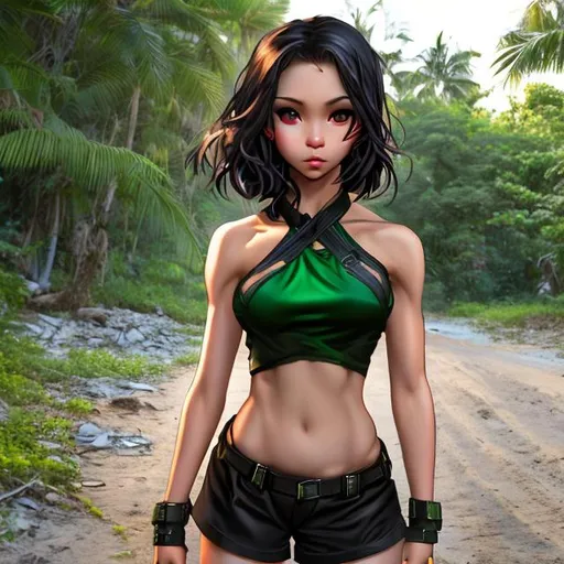 Prompt: 4k high resolution photo , full body image, petite Thai female, young, light eyes, dark hair, thick overall body build, with small chest, bare belly and low cut green halter top,  tight black shorts with ammo belt