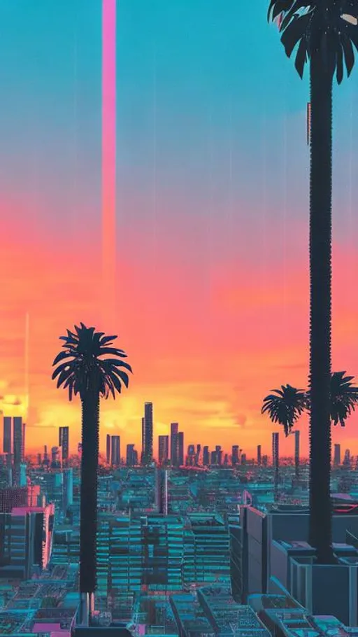 Prompt: vaporwave city, neon lighting, beautiful sunset, palm trees, Retro, high quality, 4k, visible sun