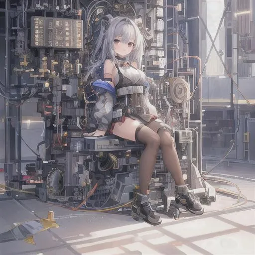 1girl masterpiece best quality sitting full body indoors 1 mechanical girl locked on a hangar