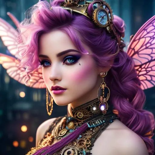 Prompt: ultra realistic illustration of steampunk magical fairy, industrial, factory, magic spells, special effects, lenses, colorful lights, intricate, elegant, highly detailed, digital painting, artstation, concept art, smooth, sharp focus, illustration, aesthetic, soft, wild pink hair, 8k, hyper realistic, UHD