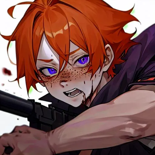 Prompt: Erikku male adult (short ginger hair, freckles, right eye blue left eye purple) UHD, 8K, Highly detailed, insane detail, best quality, high quality, covered in blood,  anime style, shooting a shotgun