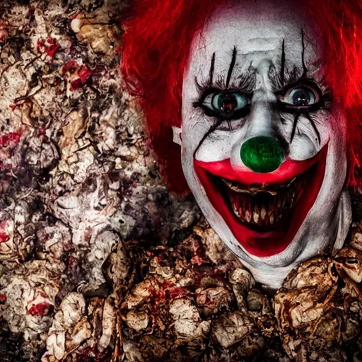 Prompt: Creepy clown in the hell, 4k, Realistic photo, rotten, Real, rotten meat