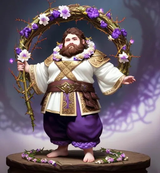 Prompt: fat young halfling god with brown hair and beard and dark blue eyes | wearing divine robes of white and purple and a wreath made of flowers and thorns. Full body | ultra-fine details, intricate scene, ambient lighting, symmetrical facial features, accurate anatomy, sharp focus, final fantasy cgi still, artgerm, taken on nikon d750, scenic, splash art, tumblr instagram