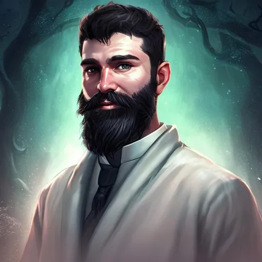 Prompt: handsome, priest, short beard, 30 years old, Call of Cthulhu,  blizzard