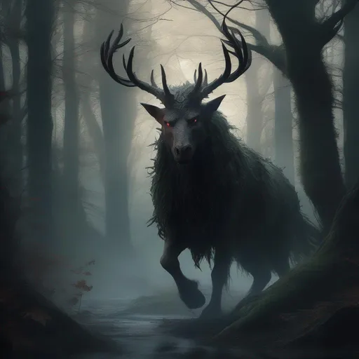 Prompt: Hircine, Lord of the Hunt and Beasts, in a dark fantasy forest