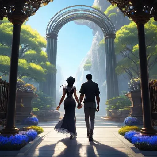 Prompt: 27 years black handsome man with his wife holding hands walking happy in otherworld portal, soft lighting, intricate detail, symmetrical, perfect composition, hyperrealistic, super detailed, 8k, high quality, trending art, trending on artstation, sharp focus, studio photo, intricate details, highly detailed, by makoto shinkai, stanley artgerm lau, wlop, rossdraws, concept art, hyper realistic