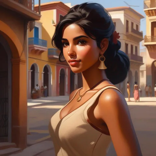 Prompt: Third person, gameplay, Cuban girl, tan skin, black hair, brown eyes, La Habana, warm atmosphere, cartoony style, extremely detailed painting by Greg Rutkowski and by Henry Justice Ford and by Steve Henderson 

