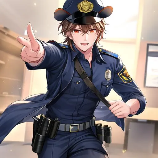 Prompt: Caleb as a police officer in a gunfight bullets flying
