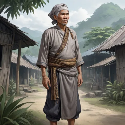 Prompt: Full body, Fantasy illustration of a male malayan village chief, 50 years old, worried expression, rich traditional garment and a udeng headscarf, Heather grey hair, high quality, rpg-fantasy, detailed, malayan village background