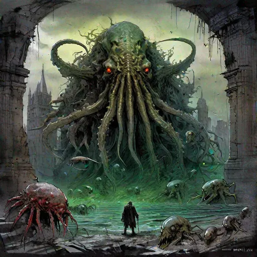 Prompt: Insanely big undead Cthulhu rising : scary ruins of R'lyeh with zombie like fish and crabs : dark and gritty : crayon Caricature : by Jean Baptiste monge : Ismail Inceoglu : Karol Bak : Tyler Edlin : album art : anthromorphic : character design : detailed crayon, vivid colors, hyperdetailed, whimsical background, hyperrealism, photorealism, a masterpiece, by Greg Rutkowski, trending on artstation