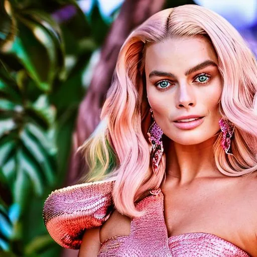 Prompt: High quality picture of Margot Robbie wearing a high detailed inspired pink Barbie Paco Rabanne outfit in a Barbie world background
