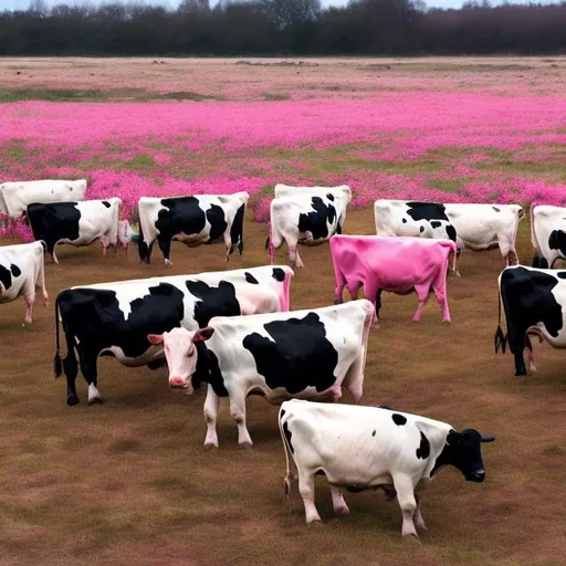 Prompt: A field of black and white cows, with one bright pink cow