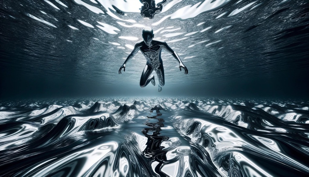 Prompt: Photo capturing a vast chrome ocean. From its depths, a distinctive chrome entity starts to ascend, its silhouette becoming more pronounced as it approaches the surface, all while reflecting the surrounding environment.