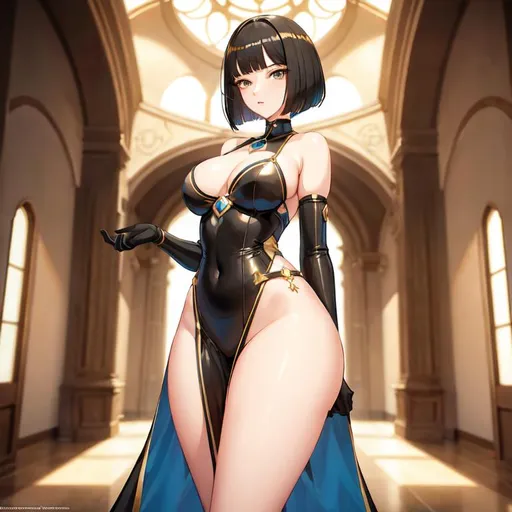 Prompt: a lonely AI girl, very tall, thick thighs, wide hips, long legs, slender waist, big beautiful symmetrical eyes, intriguingly beautiful face, aloof expression, bob haircut with bangs, Renaissance art style, 12K resolution, hyper quality, hyper-detailed, depth of field