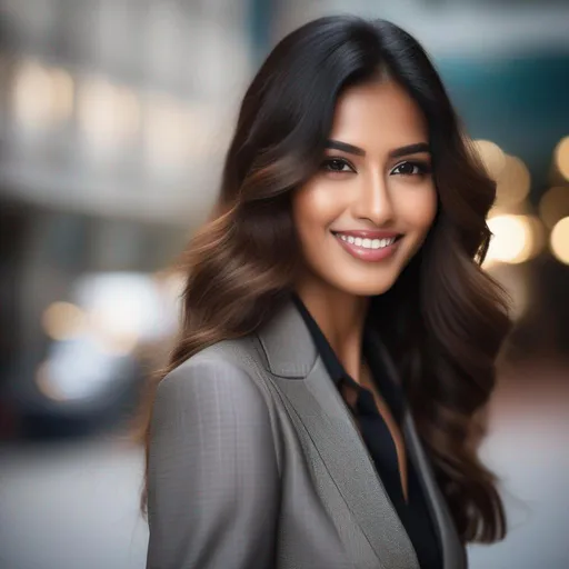 Prompt: Close-Up Portrait a Beautiful (Indian| Filipino) girls, with wavy long hair, glossy big detailed eyes, beautifully detailed nose, charming lips and smile. business suit with jacket. highly detailed skin, textured skin. Masterpiece by professional photographer, Commerical ads lighting.