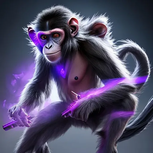 Prompt: Purple hyper realistic ninja monkey with samurai sword, and computer keyboard, photorealistic, unreal engine 5, RTX, ray tracing, fine detail fur, glowing eyes, flowing Japanese sun headband