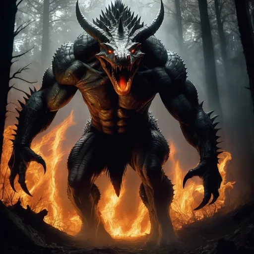 Prompt: Muscular giant with bony carapace, spiked spine, long thick tail like a crocodile, dc abomination, sharp teeth, two long horns, glowing eyes, human facial features, spiked elbows, in the woods with fire, highres, ultra-detailed, horror, dark tones, menacing lighting