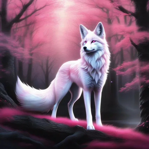 Prompt: (masterpiece, 2D, ultra detailed, epic digital art, professional illustration, fine colored pencil), Adolescent runt ((kitsune)), (canine quadruped), nine-tailed fox, dreamy pink eyes, fuzzy {black-silver} pelt, pointy silver ears, in a large forested clearing, trees tower above her, misty rain, clear puddles on floor, the forest lights up against twilight, possesses ice, timid, curious, cautious, nervous, alert, expressive bashful gaze, slender, scrawny, fluffy mane, {frost} on face, dynamic perspective, frost on fur, fur is frosted, sparkling ice crystals in sky, sparkling ice crystals on fur, sparkling rain falling, frost on leaves, dreamy, melodic, highly detailed character, petite body, large ears, full body focus, perfect composition, trending art, 64K, 3D, illustration, professional, studio quality, UHD, HDR, vibrant colors